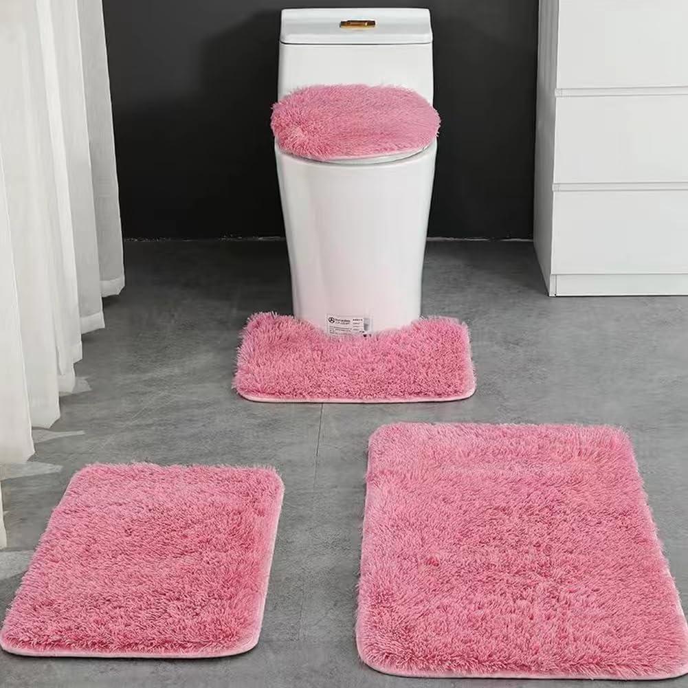 4 Piece Non Slip, Toilet Lid Cover and Contour Mat, Bath Mats Shower Mats Bath Rug Mat for Tub Toilet Bathroom (Pink)