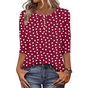 Zeagoo 3/4 Length Sleeve Women Tops Crew Neck Blouses Dressy Casual Summer T Shirts Loose Fit Business Work Clothes (Small, Kt52-red Love)