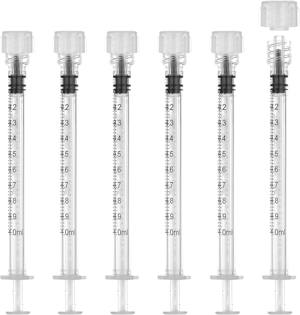50Pack 1ml/cc Luer Lock Syringe without Needle, Plastic Syringe with Caps for Liquid, Sterile Individually Wrapped