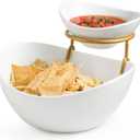 Porcelain Serving Bowl Set for Appetizer Serving Dishes Set with 2 Compartment, Chip and Dip Taco Rack Display Salad Bar Serving Set, Gold Stand (Large & Medium)