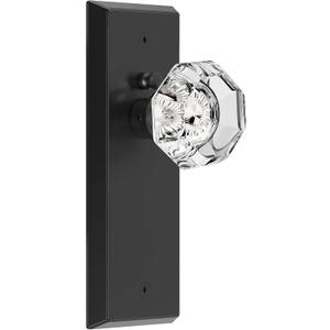 Glass Door Knobs for Interior Doors - Vintage Crystal Privacy Bedroom & Bathroom Door Knob with Lock - Diamond Cut Door Handle - Matte Black Finish (1 Pack 7 Inch Height)