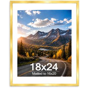 QOTIB Wood 18x24 Picture Frame with 16x20 Mat Gold, Display 16x20 with Mat or 18x24 Without, Wood 18 by 24 Photo Frame, 18 x 24 Frame for Wall Hanging Display, Gold, 2 Pack