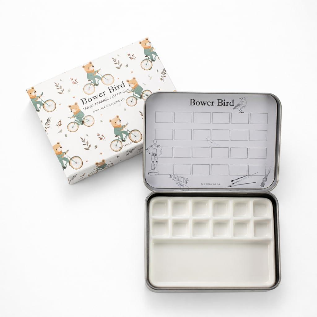 Bower Bird Travel Ceramic Watercolor Palette with Porcelain Mixing Tray & Metal Tin Box - Portable Art Kit for Gouache, Studio & Outdoor Painting (12Well) (4.2" x 3.1" x 0.5")