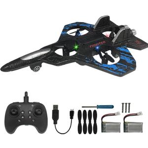 RC Airplane for Kids and Beginners, 2.4GHz Form Drone Remote Control Airplane with 2 Batteries, 360 Drop-Resistant Stunt Spin Remote Fighter Jet with Lights Outdoor Flying Toy (Blue)