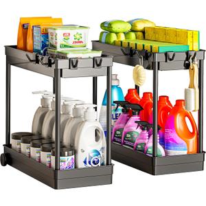 2 Pack Under Sink Organizer, 2 Tier Bathroom Cabinet Organizers and Storage with Hook, Multi-purpose Storage Basket Shelf for Kitchen, Black