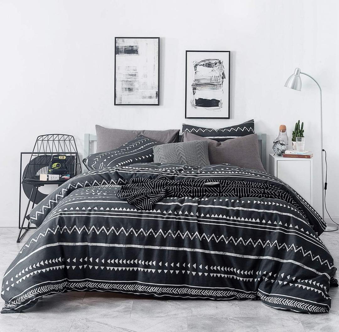 SUSYBAO Black Aztec Duvet Cover Queen 100% Cotton 3 Pcs Set 1 Black and White Boho Geometric Duvet Cover with Zipper Ties 2 Pillowcases Vintage Bohemian Striped Bedding Set Soft Breathable (Queen (90 In x 90 In))