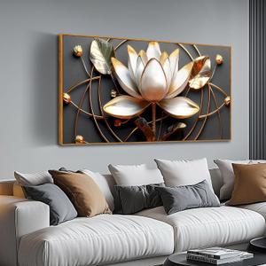 Lotus Flower Wall Art for Bedroom, Floral Canvas Wall Decor for Living Room, Black White and Gold Picture Print, Size 48 x 24 Inches Framed