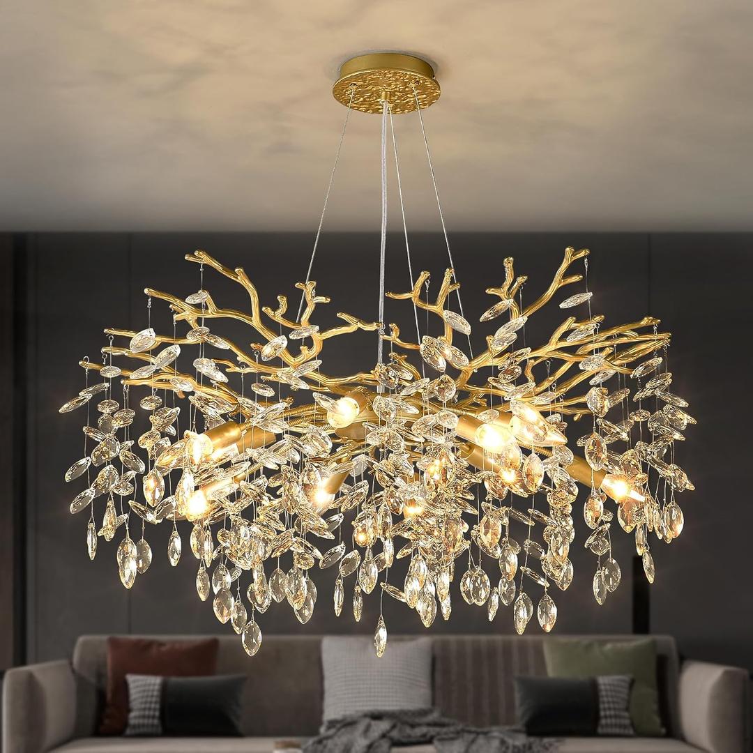 EGM Gold Tree Branch Crystal Chandelier, 32 Inch Modern Raindrop Crystal Ceiling Light Fixtures 10-Light(E12), Hanging Round Chandeliers for Dining Room Living Room Bedroom Foyer