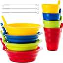 PLASKIDY Cereal Bowls with Straws & Kids Straw Cups - Set of 4 Kids Plastic Bowls with Straws & 4 Straw Cups for Kids BPA Free Dishwasher Safe Kids Bowls with Built-In Straw Include 3 Cleaning Brushes