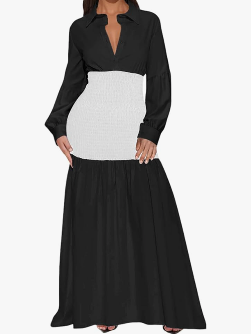 Ekaliy Women's Puff Long Sleeve Shirt Dress Elegant Button Down Loose Swing Party Maxi Dress, XXL