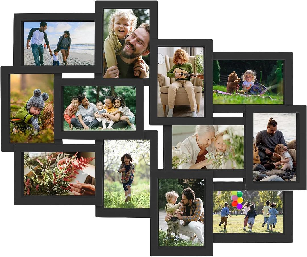 J.M.Deco Picture Frames Collage 6x4, 12-Opening Friends Reunion Family Memory Picture Frames For Wall Decor, Photo Frame Collage Wall Hanging for 4x6 Photo, Black