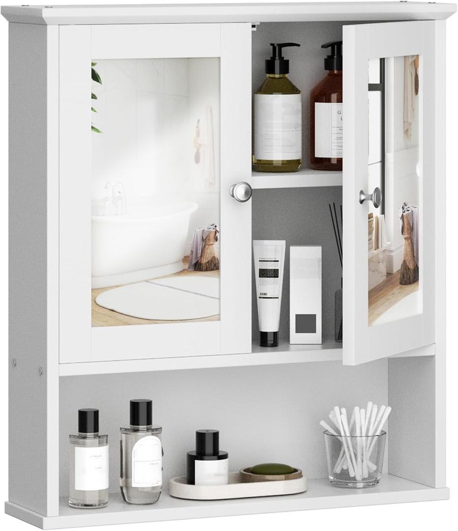 Shintenchi Bathroom Cabinet with Mirror, Wood Medicine Cabinet with Adjustable Shelf, Wall Mount Cabinet Storage, Cupboard, White (5.7"D x 22"W x 24.2"H)