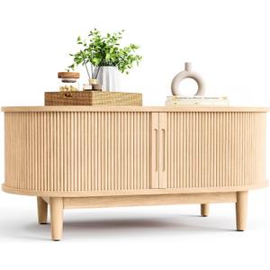 LINSY HOME Oval Coffee Table, Wood Coffee Table with Storage, Fluted Accent Center Table with Sliding Tambour Door, 39" Boho Coffee Tables for Living Room, Bedroom, Apartment, Oak