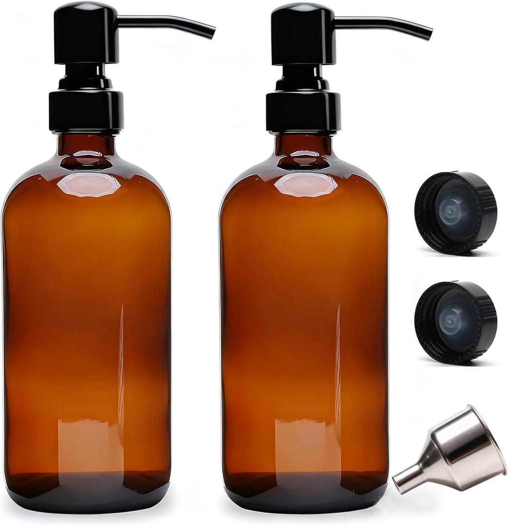 16 Oz Amber Glass Soap Dispenser with Black Pump, Refillable Liquid Hand soap Dispenser for Bathroom, 2 Pack Premium Kitchen Soap Dispenser
