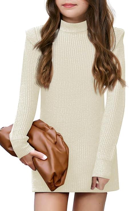 Haloumoning Girls Long Sleeve Sweater Dress Kids Casual Crewneck Knitted Pullover Jumpers, Size 10-12 Years