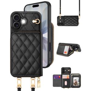OCASE Compatible with iPhone 17 Crossbody Wallet Case with Card Holder, PU Leather Zipper Handbag Phone Purse with RFID Blocking Kickstand Wrist Strap Lanyard 6.3 Inch, Diamond Check Black