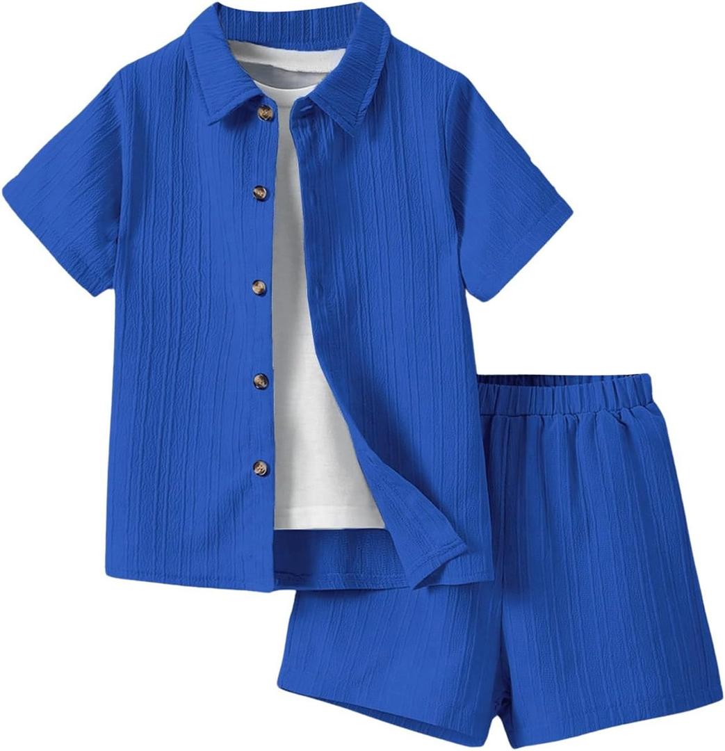 SweatyRocks Boy's 2 Piece Outfits Short Sleeve Collar Button Down Shirt and Shorts Clothing Set (Blue)