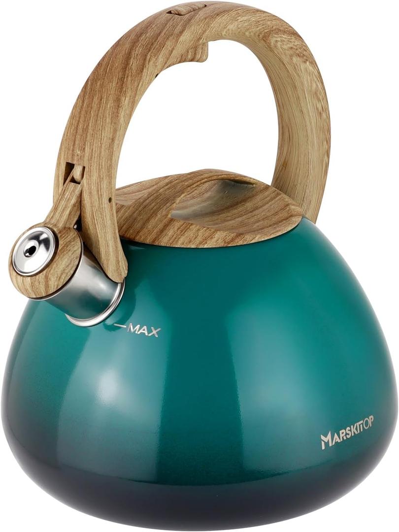 MARSKITOP Tea Kettle Teapot for Stovetop, 2.6 Quart Stainless Steel Tea Pot for Stove, Stove Top Whistling Tea Kettle with Anti-Hot Handle, Suitable for All Heat Sources, Green