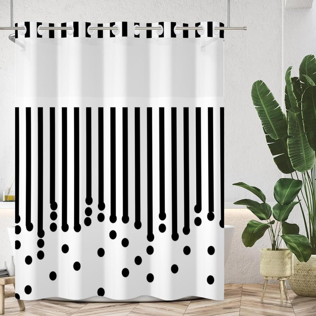 No Hook Shower Curtain with Snap in Liner Black and White Striped Shower Curtain Modern Polka Dot Shower Curtains for Bathroom Hotel Style Fabric Washable 71x74 Inch
