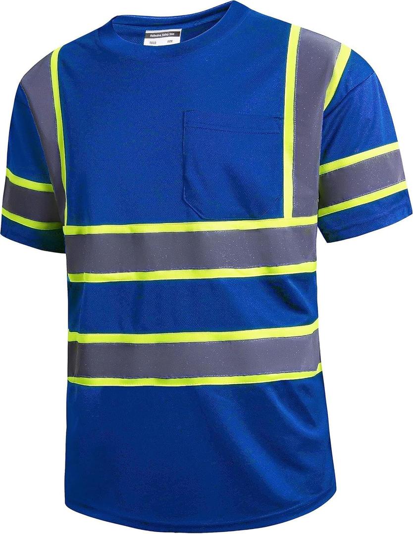 SKSAFETY High Visibility Safety Shirts for Men with Reflective Tapes - Quick Dry Class 2 Hi Vis Construction Work Shirts for Men, Short Sleeve Breathable Birdeyes T-Shirts with Pocket Blue (Small)