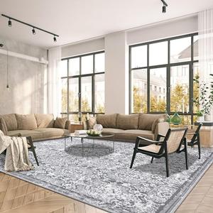 Vaukki Living Room Rug, Vintage Shaggy Soft Laundry Rug, Non Slip Kitchen Area Mat, Washable Farmhouse Bedroom Area Carpet for Bathroom, Kitchen and Kidsroom (243× 304cm, Grey)