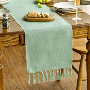 Artoid Mode Sage Green Spring Tassel Table Runner, Boho Linen Blend Rustic Farmhouse Style Kitchen Table Decoration Holiday Wedding Party Dinning Decor 13x72 Inch