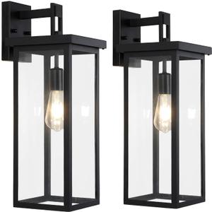 tewei 2 Pack Large Size Outdoor Wall Lantern Exterior Wall Light Fixture, 20 In Matte Black Porch Light Waterproof Outdoor Lights for House with Clear Glass Shade, E26 Base Exterior Sconces for Garage