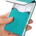 JuneLsy Professional PU Leather Business Card Holder Case Metal Name Card Holder Pocket Business Card Carrier for Men & Women with Magnetic Shut (S-Light blue)