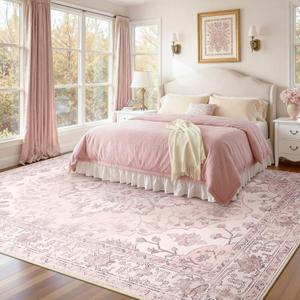 Area Rugs 8'x10' Washable Non-Slip, Floral Vintage Distress Print Pattern Medallion Carpet for Living Room Bedroom Dining Room, Pink Greypink Cute