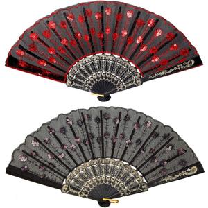 Jetec 2 Pieces Lace Spanish Fan, Handheld Chinese Folding Hand Fan for Women 1920s Dancing Costume, Spanish Flamenco Gift with Embroidered Sequin, Photo Prop, Prom, Wedding Decor(Red, Black)