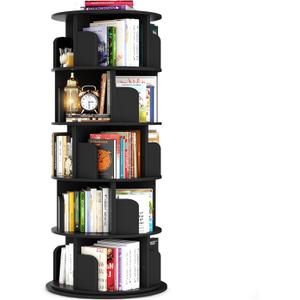 Besiost Rotating Bookshelf Tower, 5 Tier Spinning Bookcase, Revolving 360 Book Shelf Narrow Tall Bookcase, Vertical Turning Round Bookshelf Organizer, Wood Corner Book Shelf for Small Space, Black