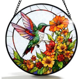 Stained Glass Window Hanging - Hummingbirds are Collecting Nectar 6.3 Inches Suncatcher for Garden Home Decor for Women Mon Grandma Friends