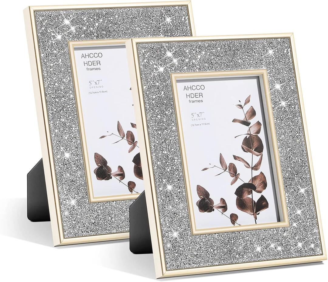 5x7 Picture Frame Gold Edge Silver Crystal Diamonds Decor for wall and desk, Photo Frame With High Definition glass Display Horizontal and Vertical Gifts for Wedding Graduation 2 Pack 5 by 7