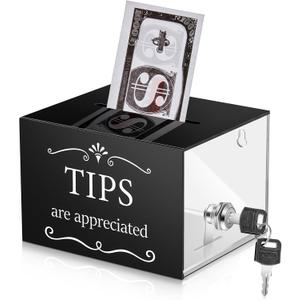 Vesici Tip Jars for Money 6 x 4 x 5 Inch Acrylic Tip Collection Box with Lock Donation Suggestion Box for Tip Storage Container Raffling Box for Bartender Bars, Musicians Restaurants Driver (Black)