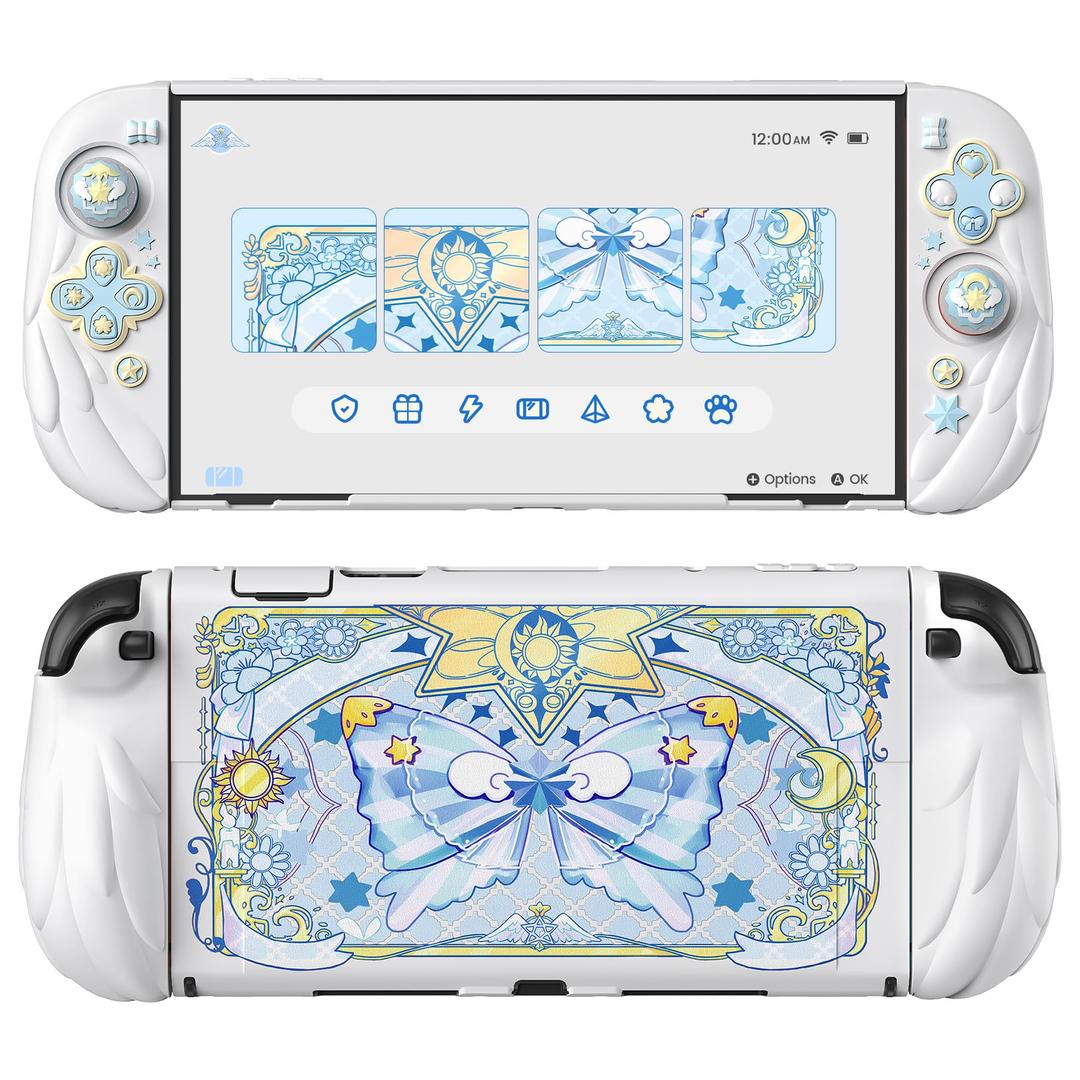 PlayVital Magic Wings Protective Case with Stand for Nintendo Switch 2 | Joycon Silicone Grips, PC Console Hard Shell, 2 Joystick Caps | Cute Animal Accessories Dockable Cover for Switch 2 - White