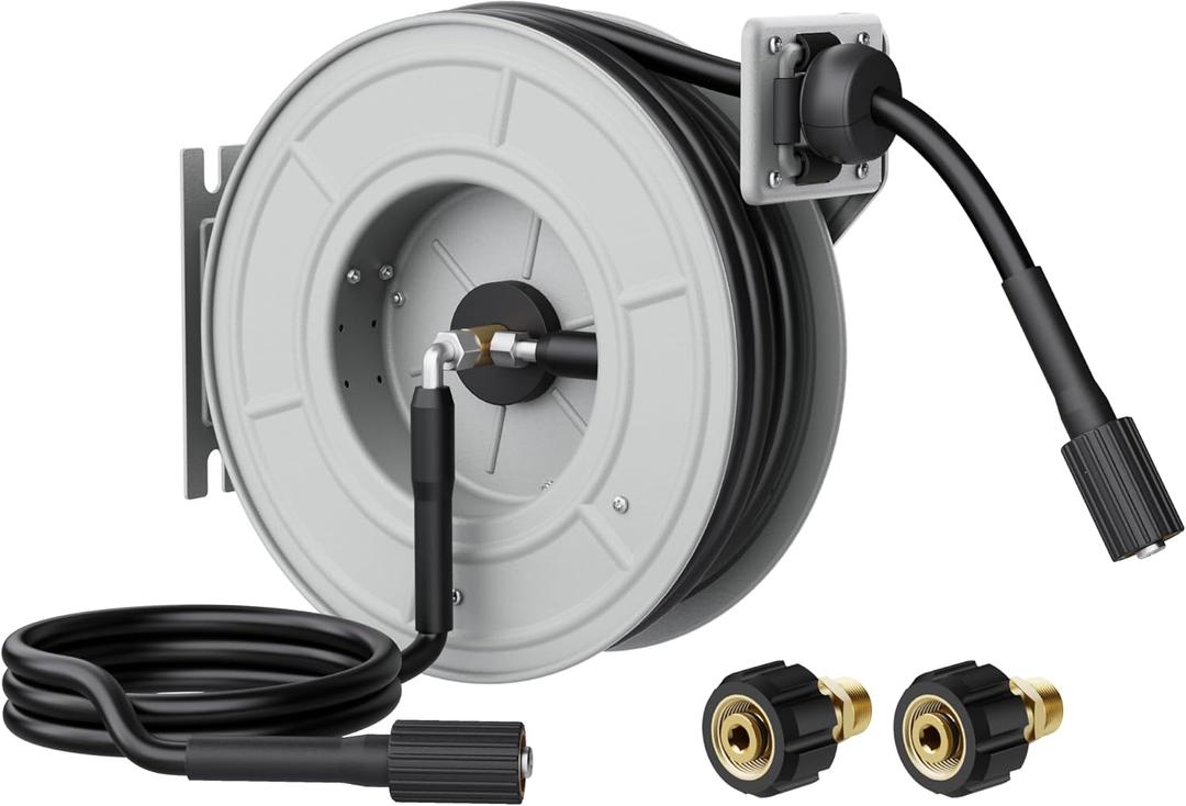 Giraffe Tools Pressure Washer Hose Reel 65ft, Power Washer Hose Reel, Pressure Washer Retractable Hose Reel, Heavy Duty, Wall/Floor Mounted, 3200 PSI, Silver