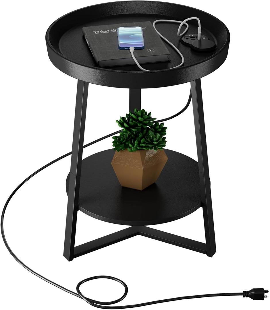 Gadroad Round End Table with Charging Station, USB Ports and Anti-Drop Fence, Wood Tabletop & Black Metal Frame, 2-Tier Side Table for Living Room, Bedroom, Black 15.7 * 15.7 * 23.0 inches Gadroad Round End Table with Charging Station, USB Ports and Anti-Drop Fence, Wood Tabletop & Black Metal Frame, 2-Tier Side Table for Living Room, Bedroom, Black 15.7 * 15.7 * 23.0 inches