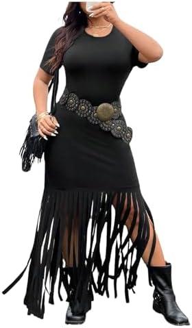 BEAUDRM Women's Plus Size Boho Tassel Tank Dress Western Cowgirl Fringe Scoop Neck Sleeveless Vacation Dresses XL