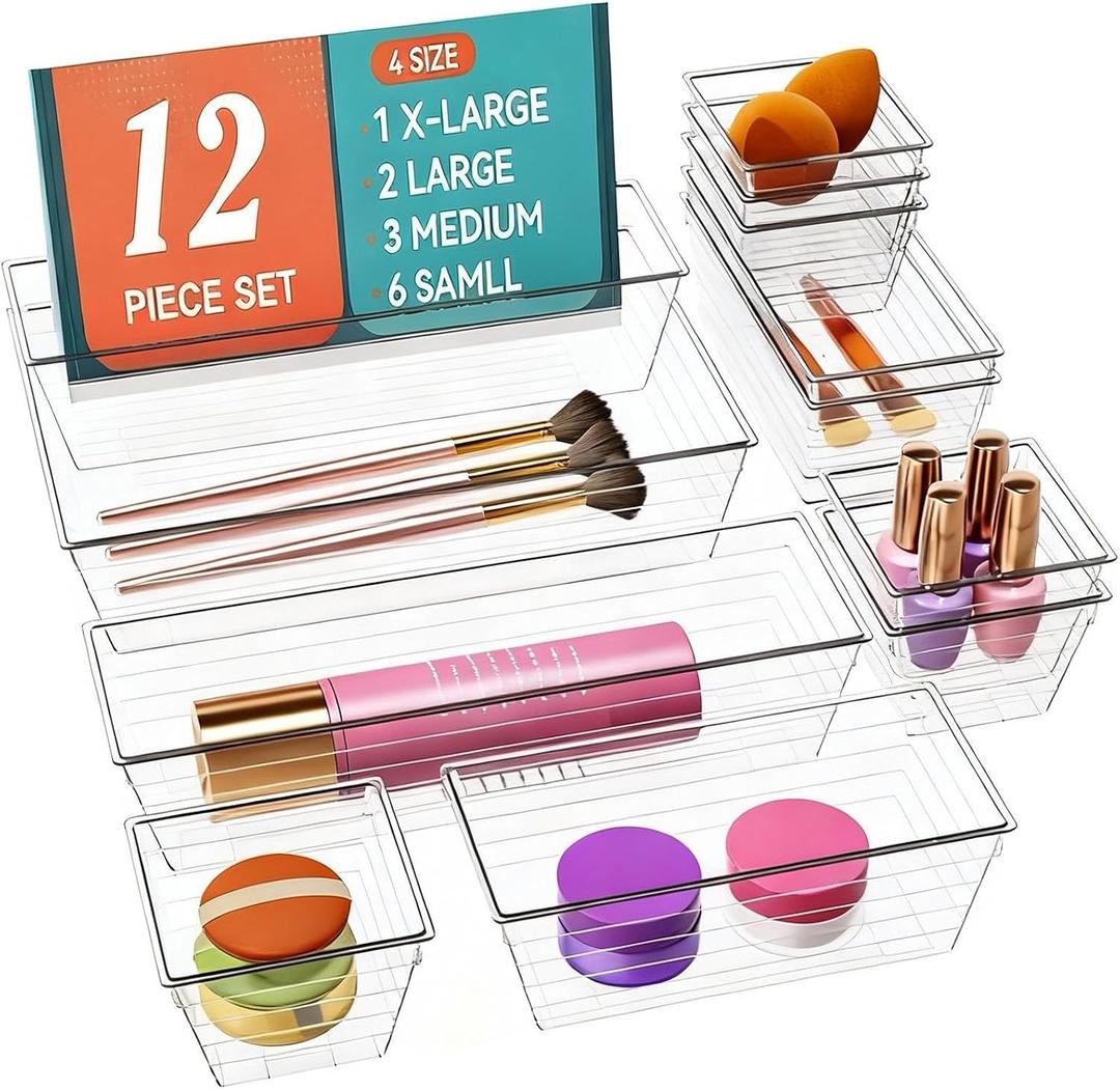 DCA 12 Pack Clear Drawer Organizer, 4 Sizes Makeup organizer, Vanity Organizer for Gadgets,Kitchen,Bathroom,Office