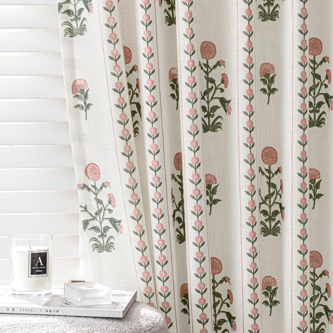Floral Pinch Pleated Linen Curtains for Living Room Bedroom Dining Room, Light Filtering Memory Trained Luxury Block Print Farmhouse Pleat Drapes with Hooks, Pink & White, 40"W x 96"L,2 Panels