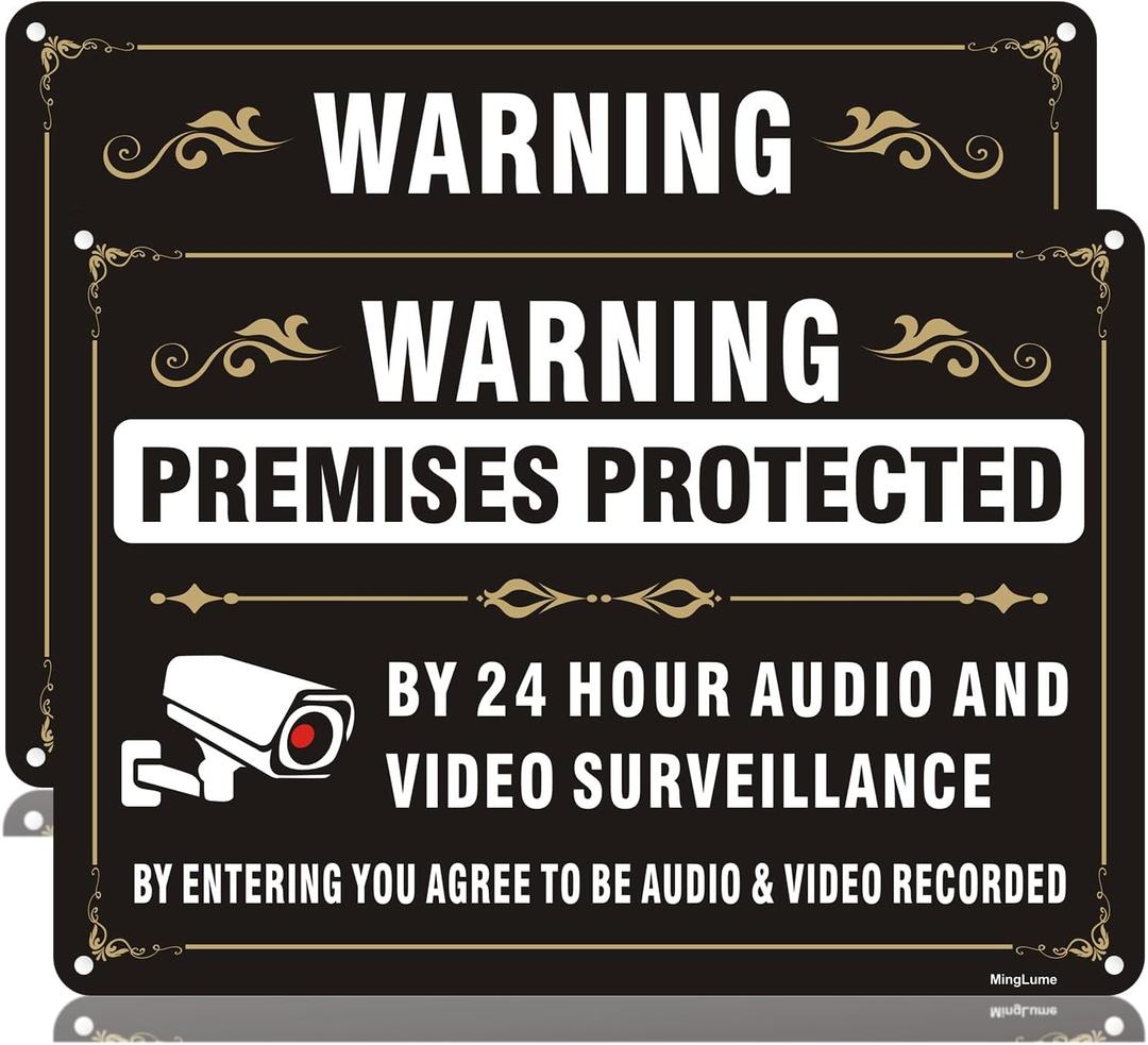 2 Pack Premises Protected by 24 hour Audio and Video Surveillance Signs,10x7 Inch By Entering You Agree Recording Sign, Weatherproof Rust-Free Reflective Aluminum,Easy to Mount for Indoor/Outdoor Use