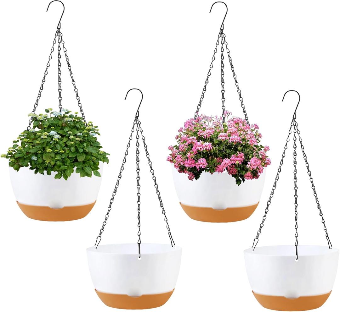 KPUVX 4 Pack Plastic Hanging planters for Indoor Plants,8 Inch Plant Pot Indoor Outdoor Hanging Baskets,Hanging Flower Pots with Drainage Holes and Chain for Garden Porch Plants(White)