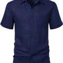 ZEROYAA Men's Linen Shirts Short Sleeve Summer Casual Button Down Beach Shirt with Pocket (XL)