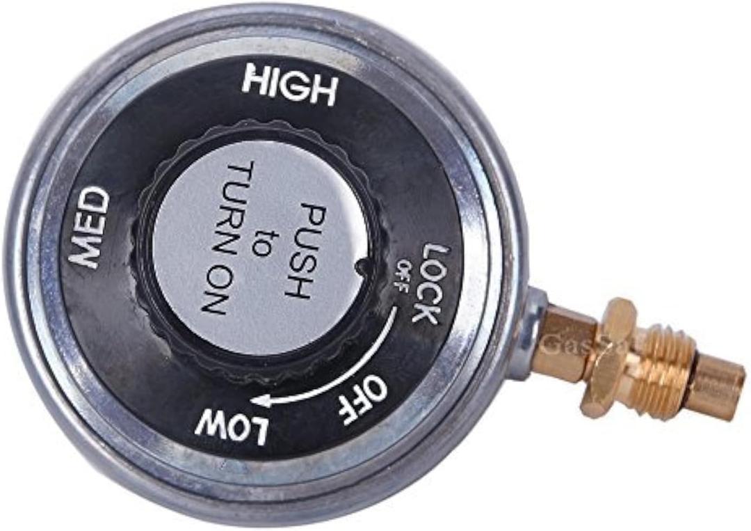 GasSaf Propane Gas Grill Control Valve Table Top Regulator with a 1"-20 Female Throwaway Cylinder Thread Inlet and an Orifice Outlet.