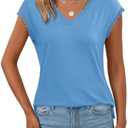 JUSTFASHIONNOW Lace Blouse Soft Cap Sleeve Tops for Women Summer V Neck Tank Tops Dressy Casual Shirts Trendy Clothes (Blue, XL)