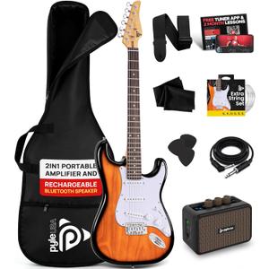 Pyle Electric Guitar and Amp Kit - Full Size 39" Complete Starter Kit with Wearable Bluetooth Amplifier, 1/4 Cable, Carry Case, Strap, Strings, Picks, Cleaning Cloth, ST-Style Pickups (Sun Burst)