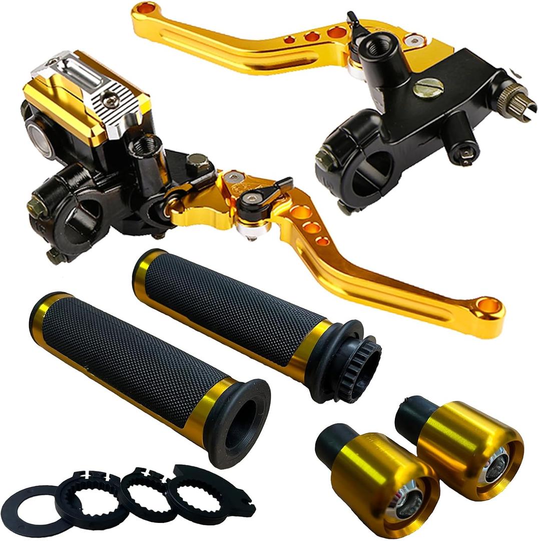 Universal 7/8 22mm Handlebar Motorcycle Brake Levers Master Cylinder Clutch Lever Left & Right Set + Hand Grips + Handlebar Ends Set Fit for Harley Honda Kawasaki Suzuki Yamaha (Gold)
