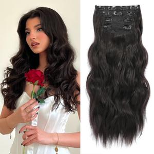 NAYOO 4PCS Clip in Hair Extensions Dark Brown Long Wavy Curly Synthetic Thick Hairpieces for Women with Fiber Double Weft Hair Full Head20 inch, Dark Brown