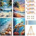 4 Pack Paint by Numbers for Adults with Framed Canvas - with Wooden Easel, Beach Paint by Number on Canvas, DIY Sea Turtle Acrylic Oil Painting Kits with Brushes for Home Wall Decor (8x12 inch) (BKMT0055+BKMT0056+BKMT0057+BKMT0058)