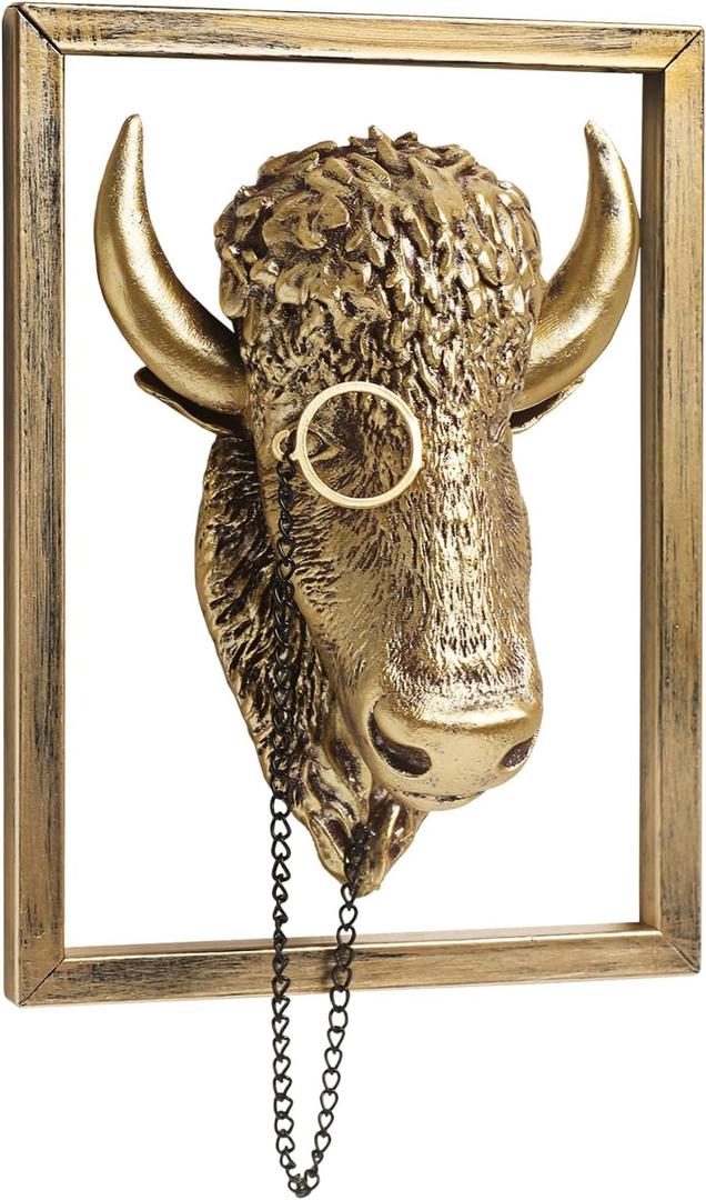 Newinhome Animal Heads Wall Decoration (Gift Metal Frame) Resin Animals Sculptures Head Wall Hanging Decor Gold vintage Wall Sculpture for Living Room Bedroom Office (Bull)